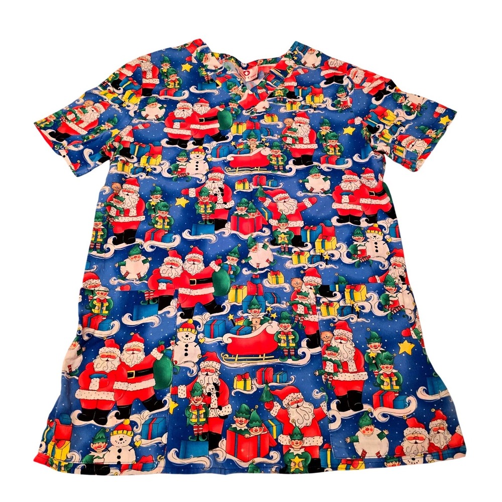 Women's Size Small Christmas Santa Print Scrub Top,‎ Excellent Condition